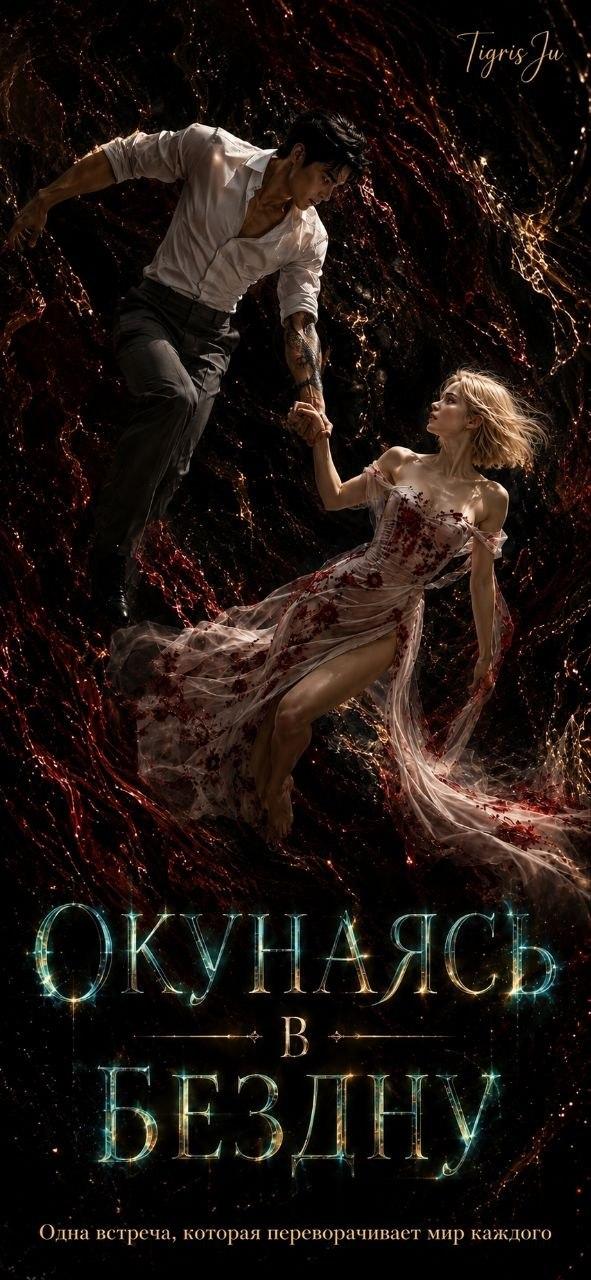 Обложка «Окунаясь в бездну», Tigris Ju: мужчина удерживает за руку девушку над бездной